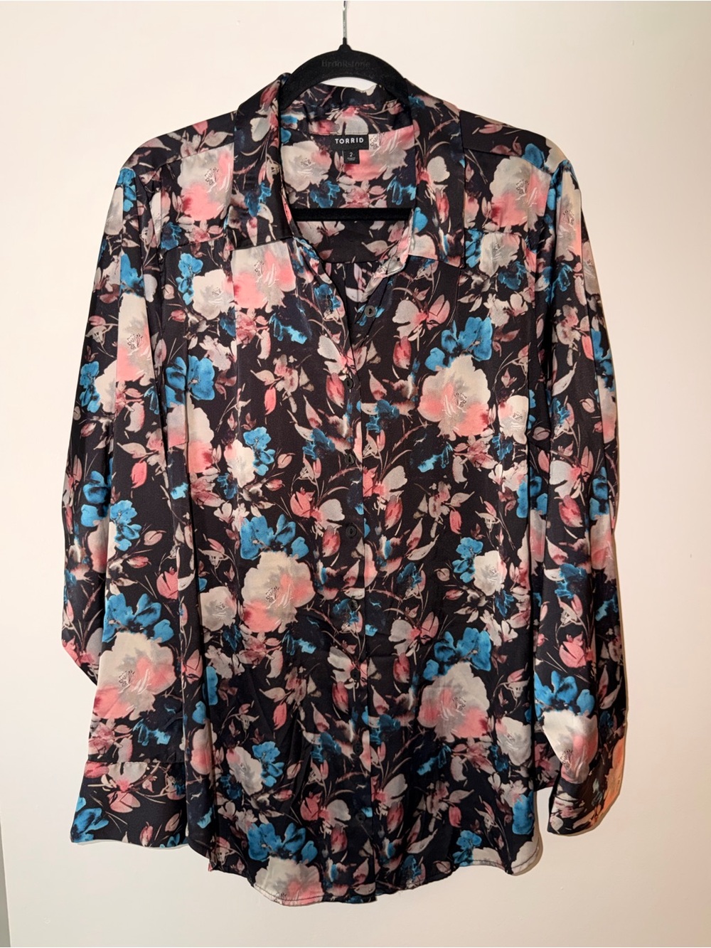 torrid Black Floral Button-Down Blouse with Pink and Blue Blooms